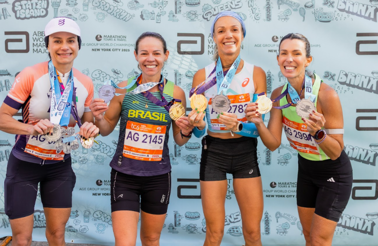 Group of marathoners with medals