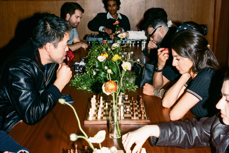 Group of people playing chess and socializing at Annex House