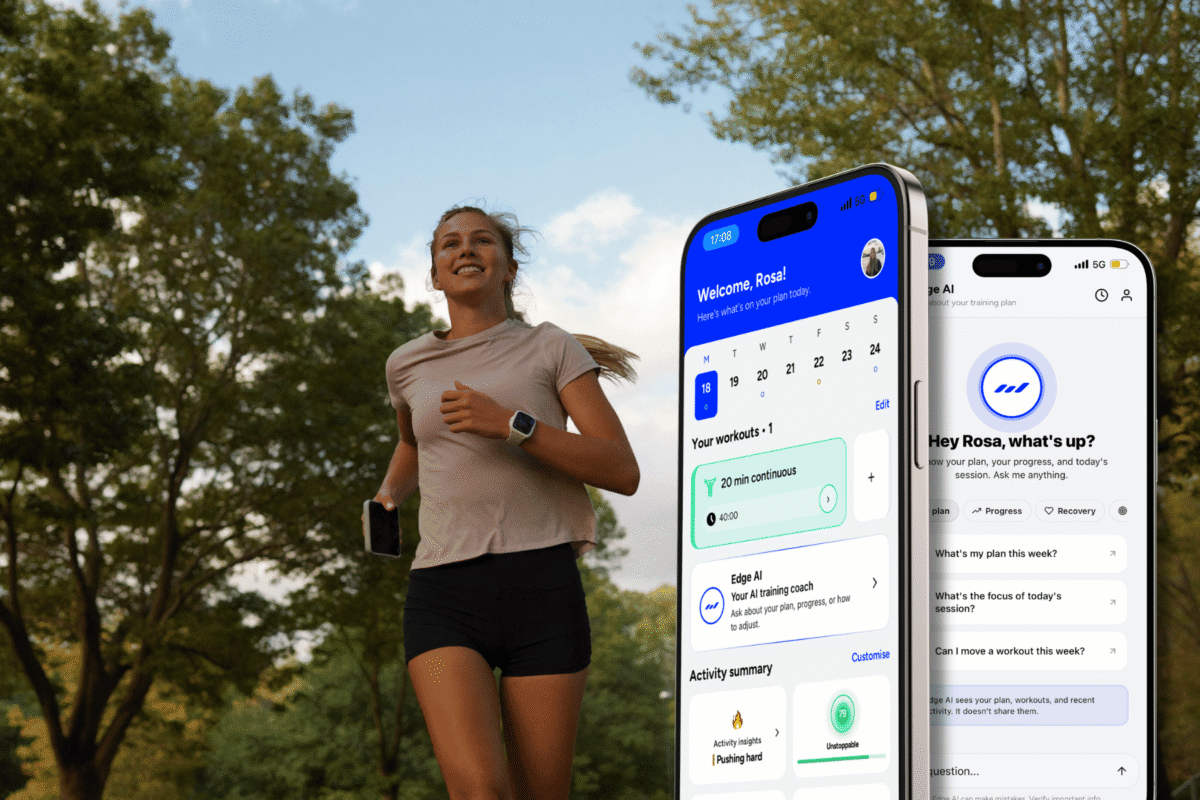 Edge app overlayed on a picture of a woman running