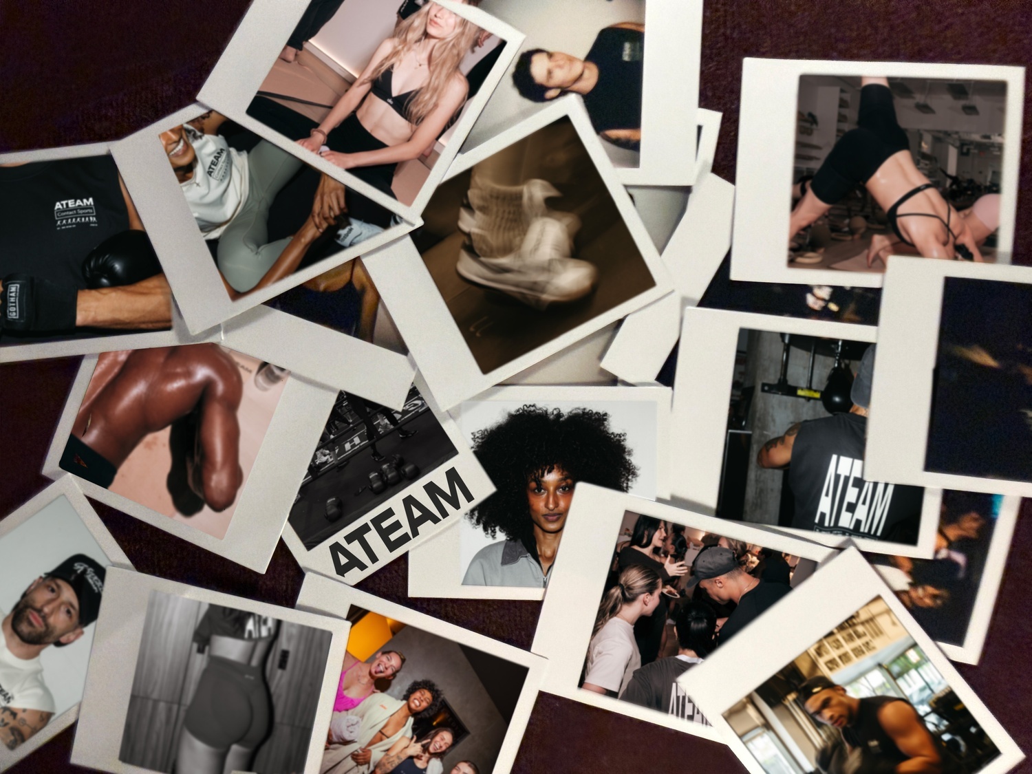 Scattered polaroid pictures of people