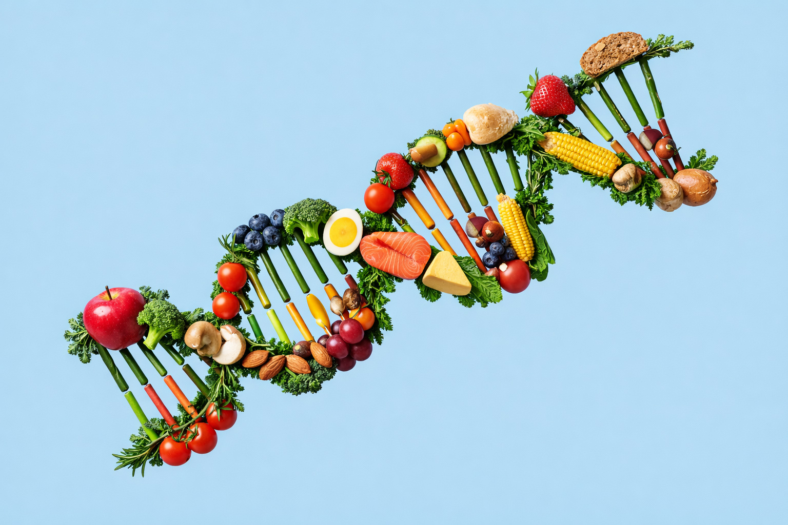 Illustration of a DNA molecule with fruits and vegetables