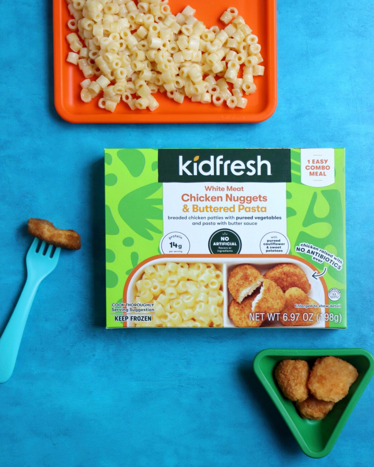 Kidfresh Chicken Nuggets and Buttered Pasta meal