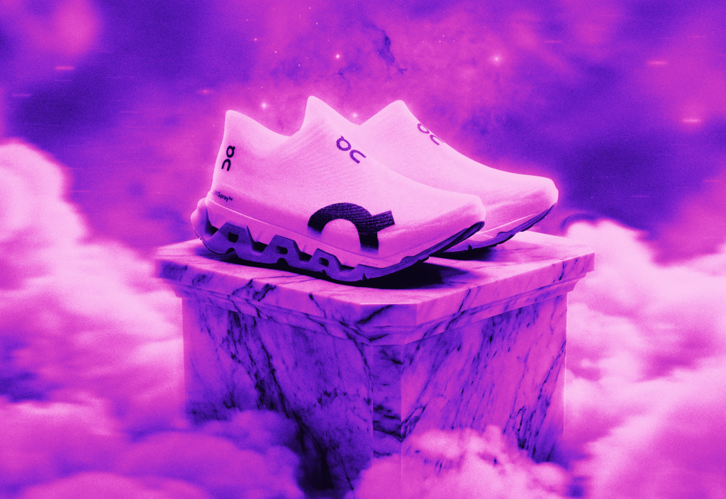Graphic illustration of On running sneakers in purple clouds