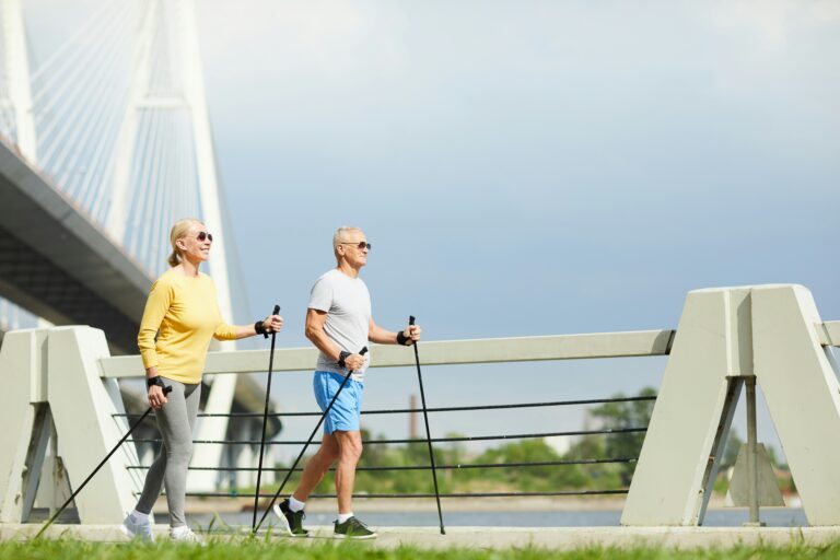 Senior man and woman walking