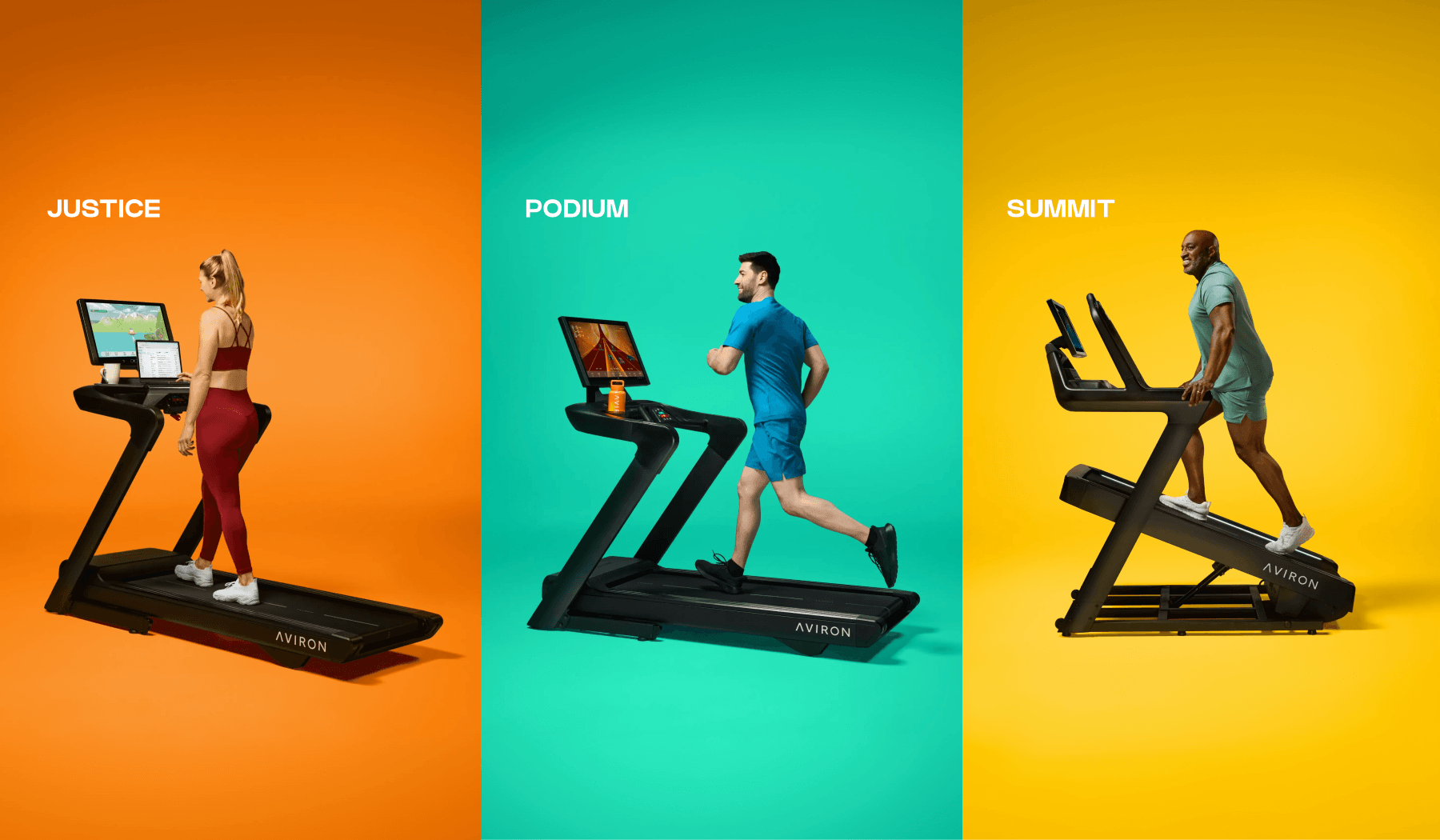 Aviron treadmill portoflio, including Justice, Podium and Summit