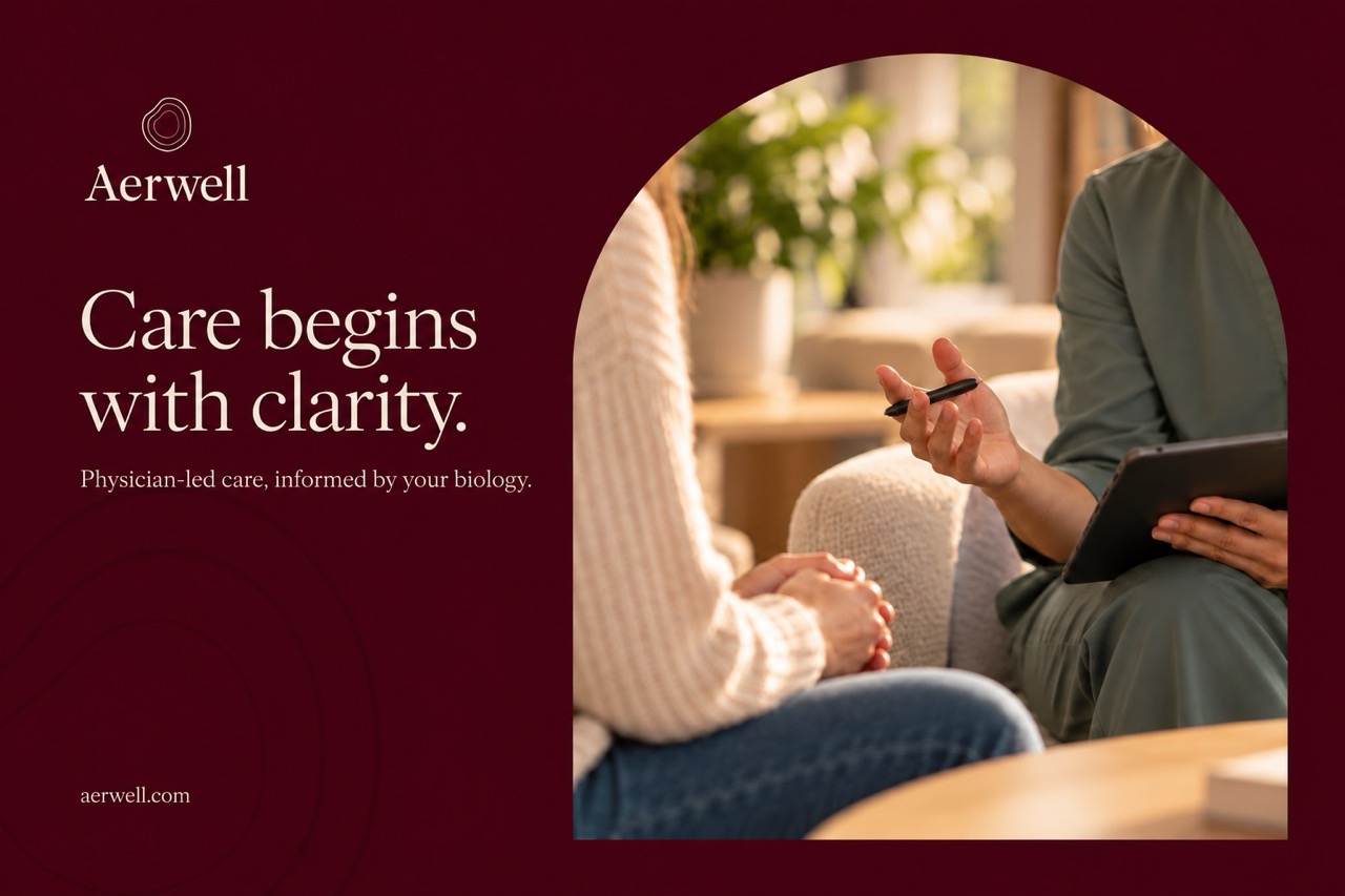 Aerwell banner with woman receiving a consult