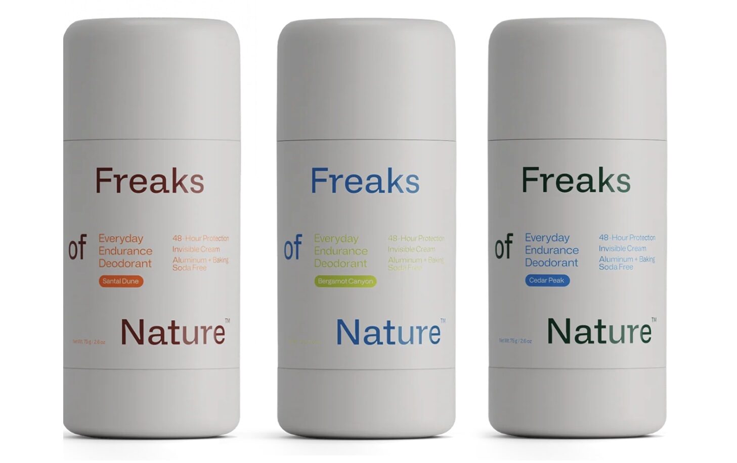 Three Freaks of Nature deodorant bottles