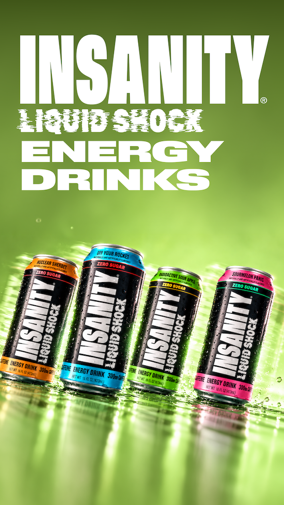 Four cans of INSANITY Liquid Shock Energy Drink