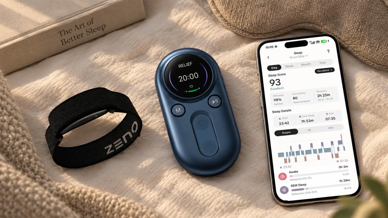 taVNS device, the Zenoband Mobi wearable, and the ZenoWell App