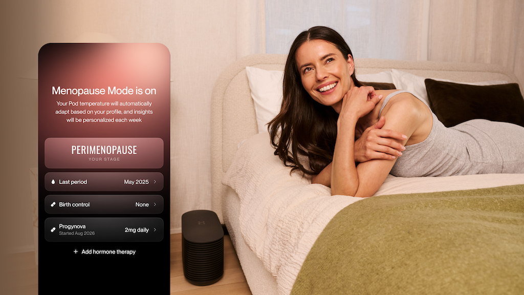 Woman lounging on bed with screenshot of Eight Sleep's Menopause Mode on